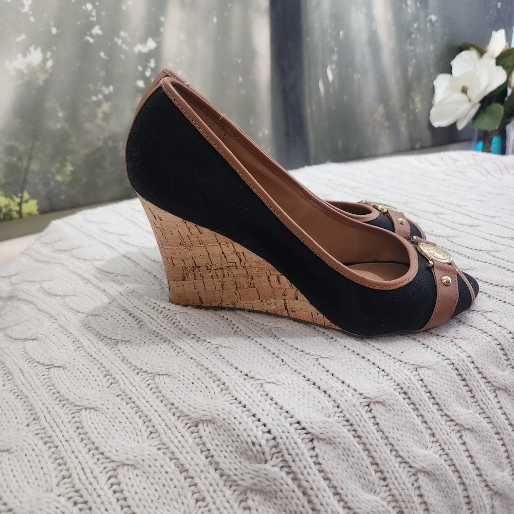 Tommy Hilfiger Black and Tan Tweedyt Cork  Wedge Shoes